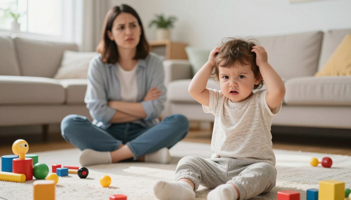 An upset toddler sitting on the floor with hands on their head while a frustrated parent sits behind