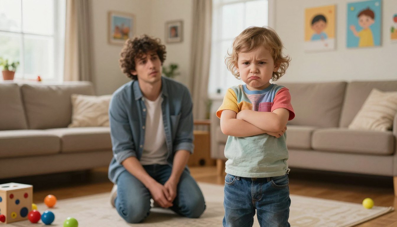 A toddler standing with arms crossed and a defiant frown while a parent kneels behind