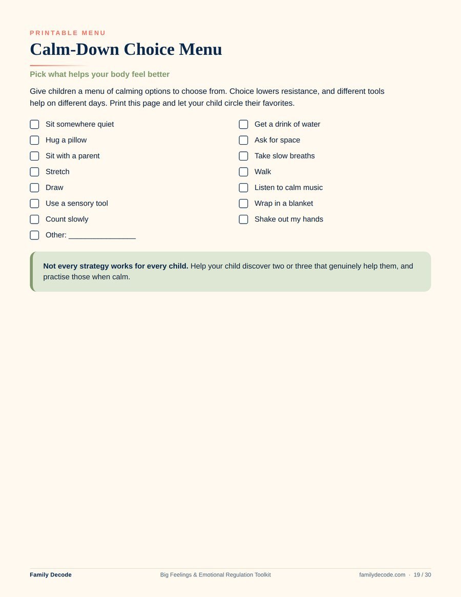 Calm-down choice menu — ways to help a child settle