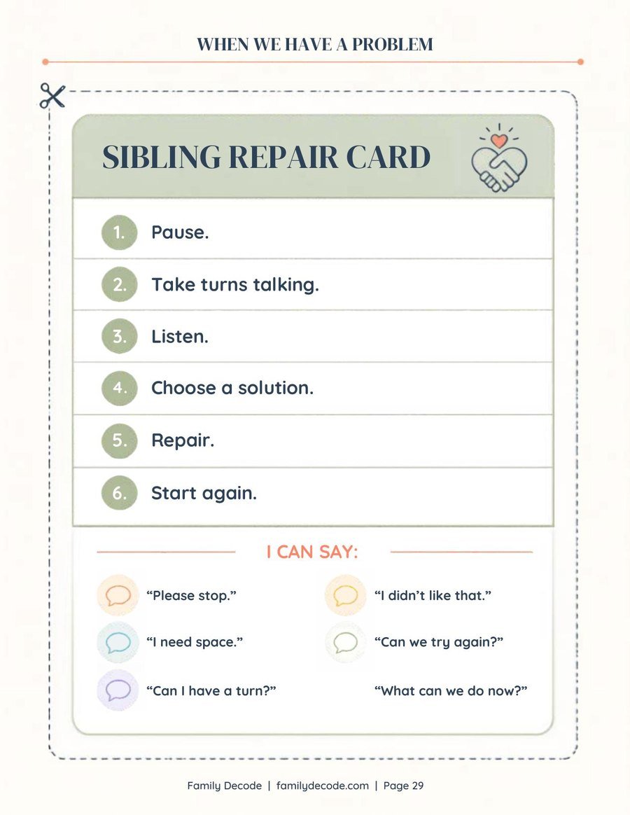 Printable cut-out Sibling Repair Card
