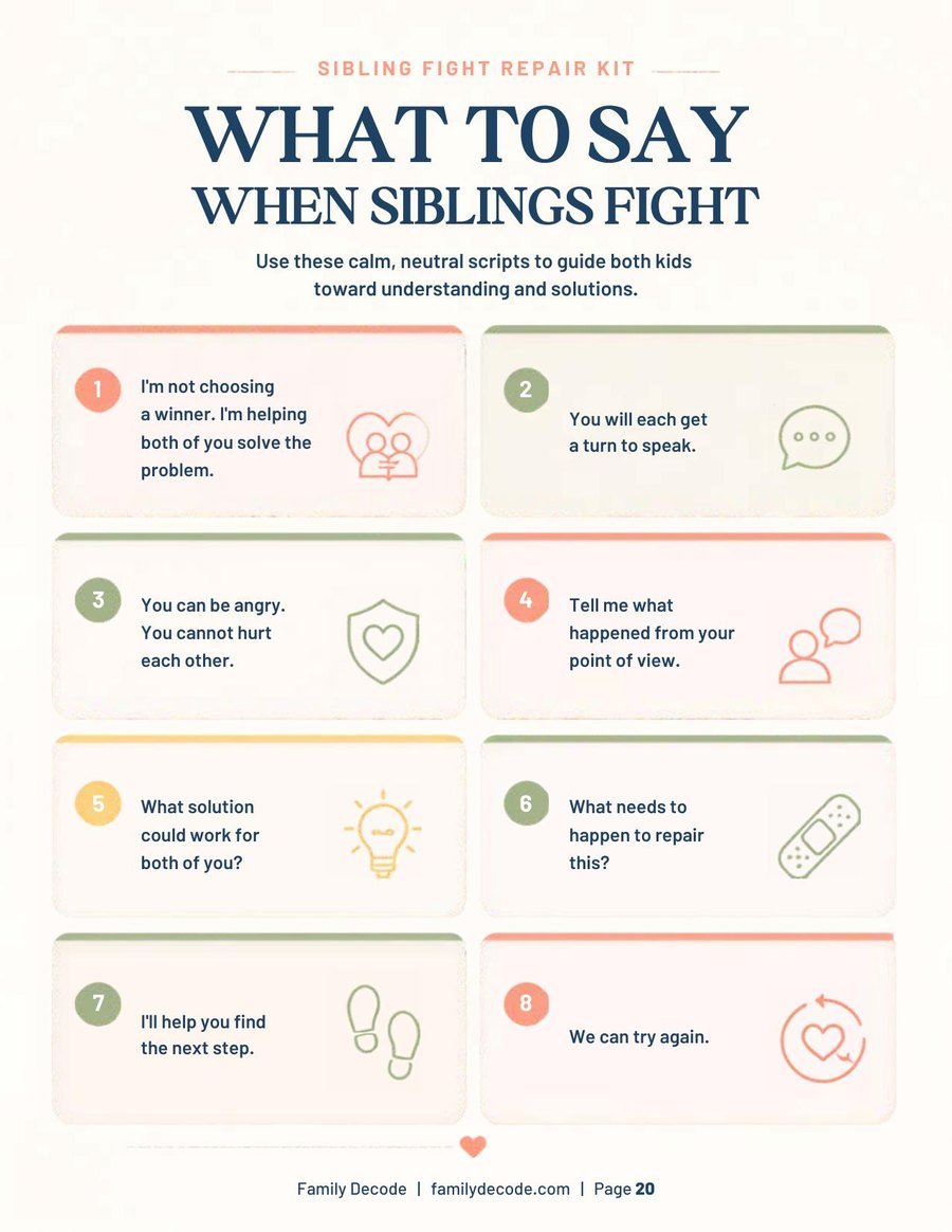 What to say when siblings fight — calm parent scripts page