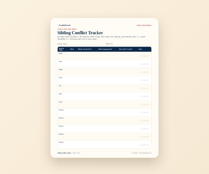 Sibling Conflict Tracker printable preview
